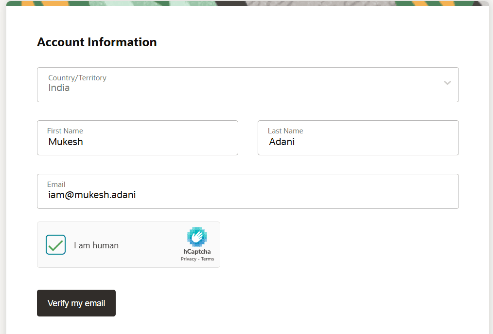 Oracle Cloud Account Info Form fillup