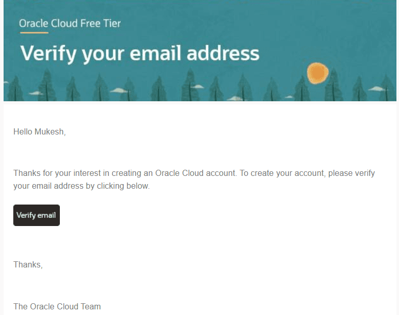 Oracle Cloud Verification email