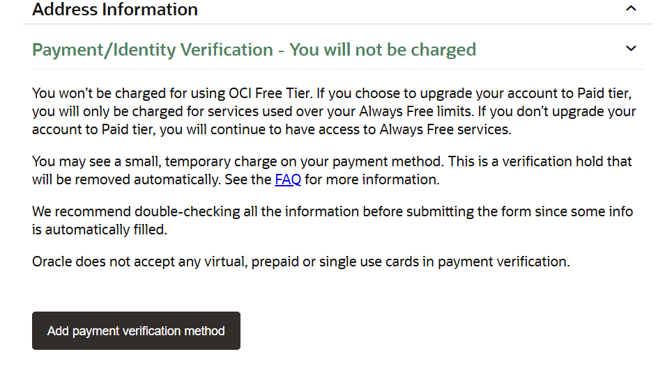 Oracle cloud Payment cerification page